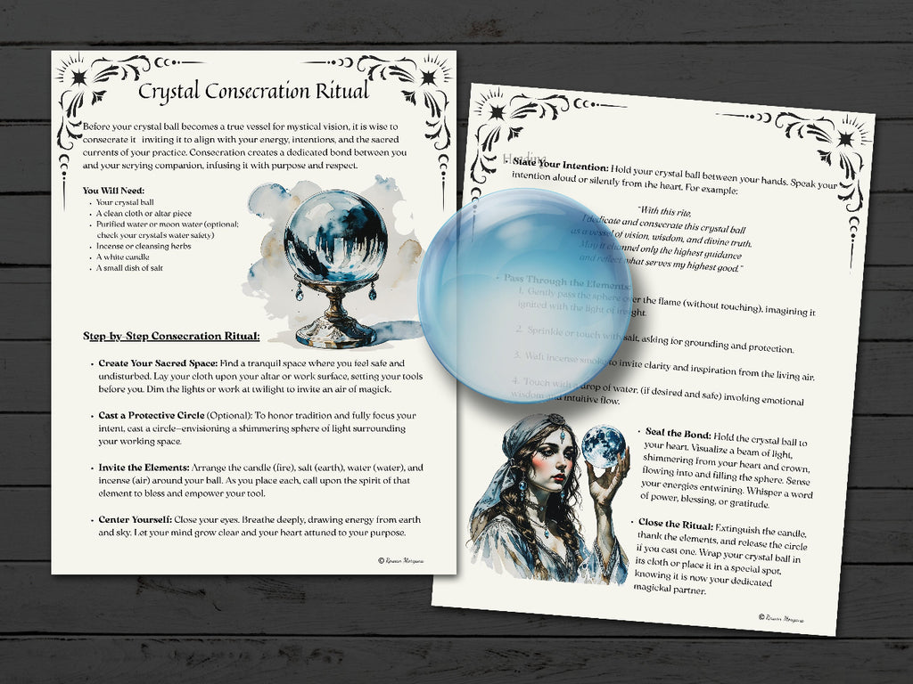 Two pages on a crystal consectation ritual with crystal imagery on a dark wooden surface.