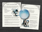 Two pages on a crystal consectation ritual with crystal imagery on a dark wooden surface.