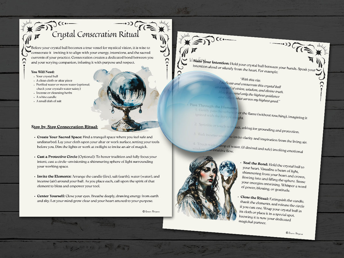 Two pages on a crystal consectation ritual with crystal imagery on a dark wooden surface.