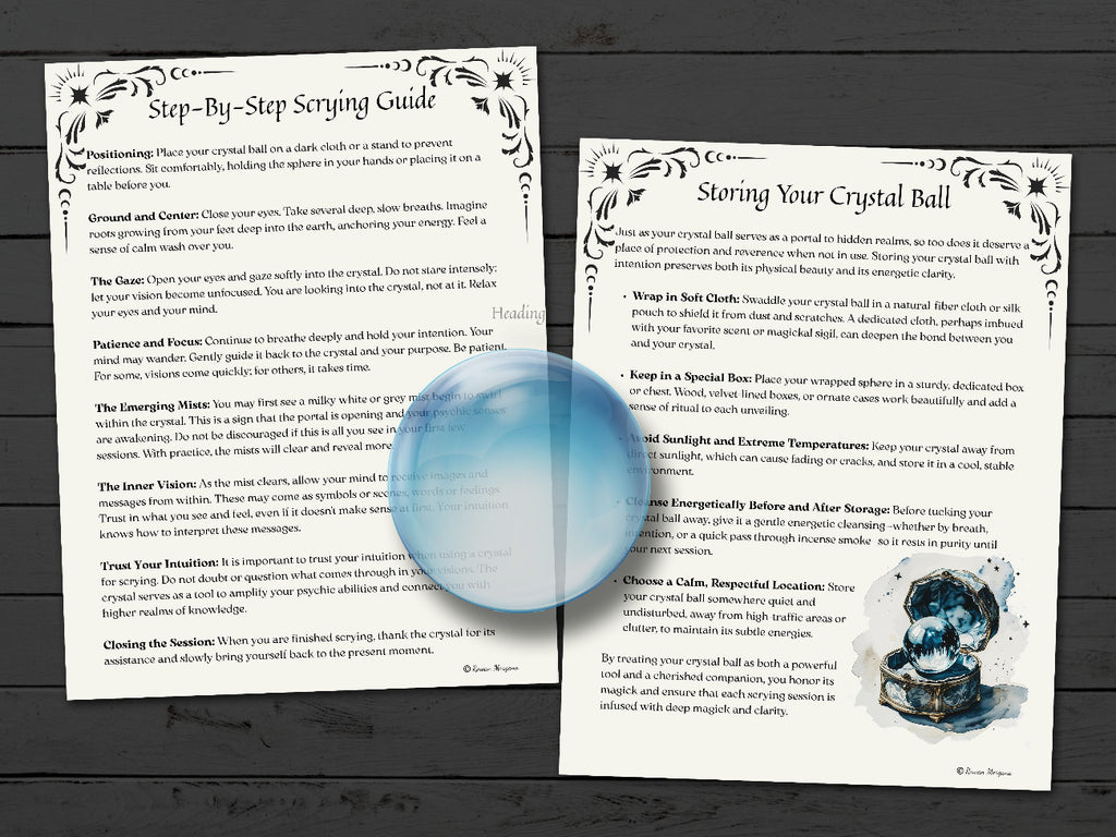 Two pages from a step-by-step scrying guide with a crystal ball on a wooden surface.