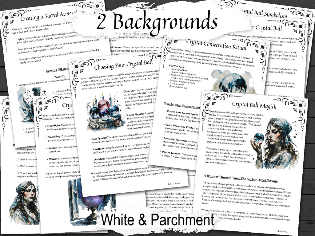 Set of printed pages on Crystal Ball Magick with text and illustrations on a white and parchment background.