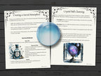 Two pages on creating a sacred atmosphere and crystal ball cleansing, with a crystal ball in the center.