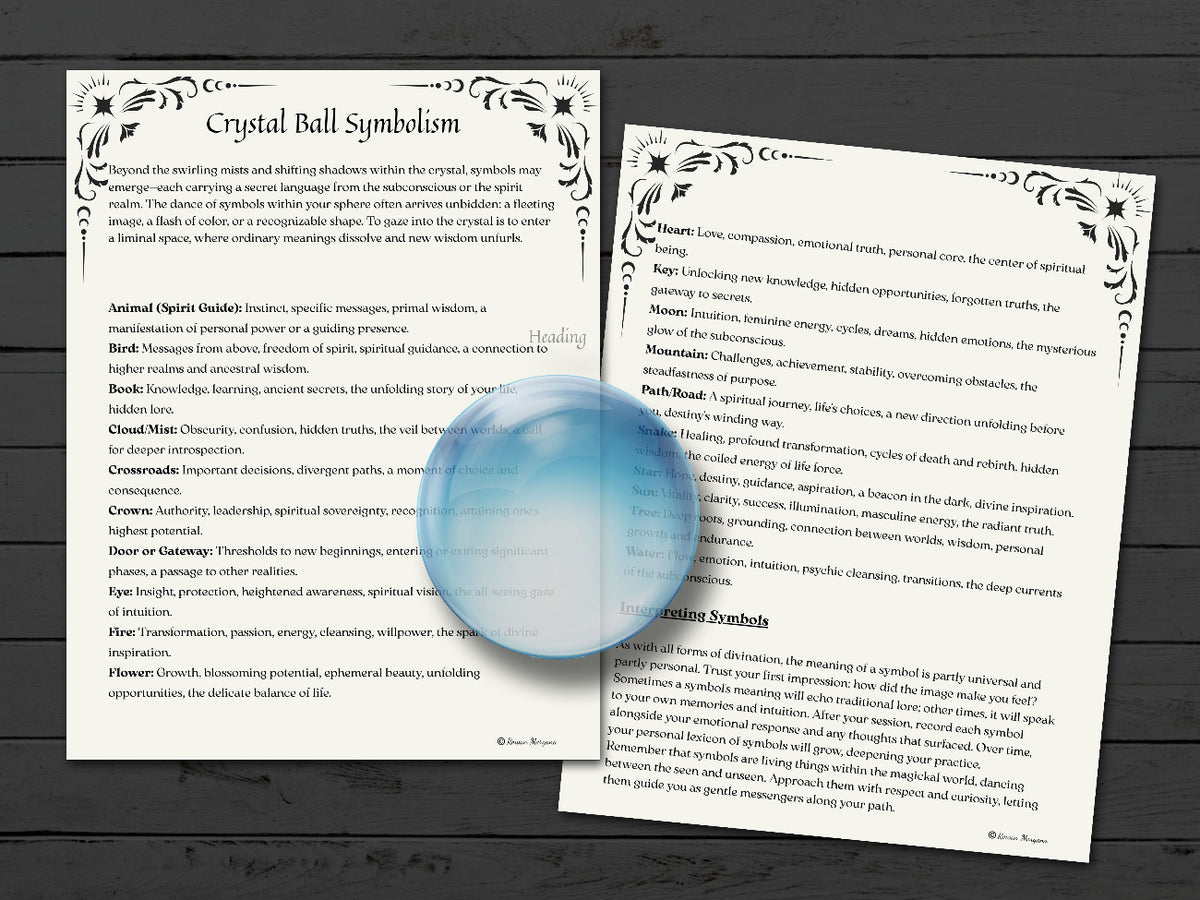 Two page with text about the symbols that can be seen in a crystal ball and their meanings. 