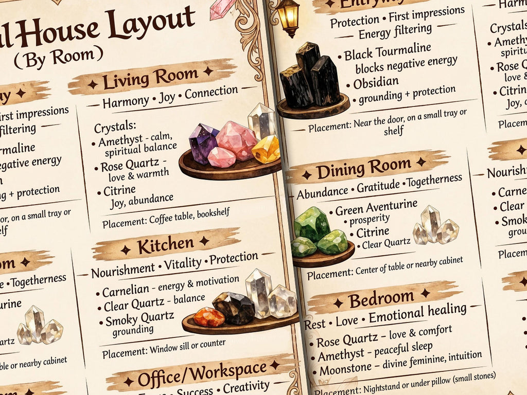 Decorative chart detailing crystal placements for different rooms in a home with corresponding energies.