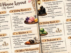 Decorative chart detailing crystal placements for different rooms in a home with corresponding energies.