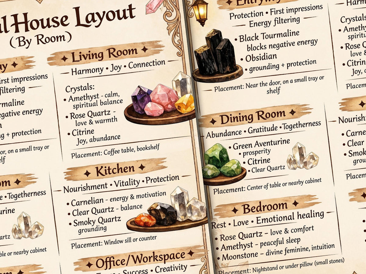 Decorative chart detailing crystal placements for different rooms in a home with corresponding energies.