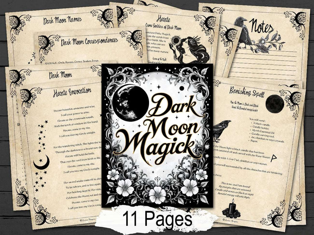 Dark Moon Magick themed pages set with decorative elements on a wooden surface.