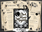 Dark Moon Magick themed pages set with decorative elements on a wooden surface.