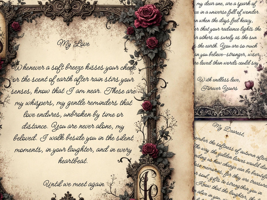Decorative paper letters from the spirit world with floral designs and text on a wooden surface