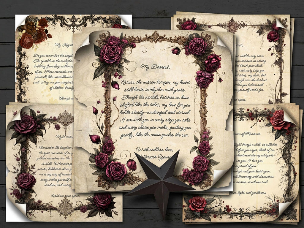 Decorative paper letters from the spirit world with floral designs and text on a wooden surface