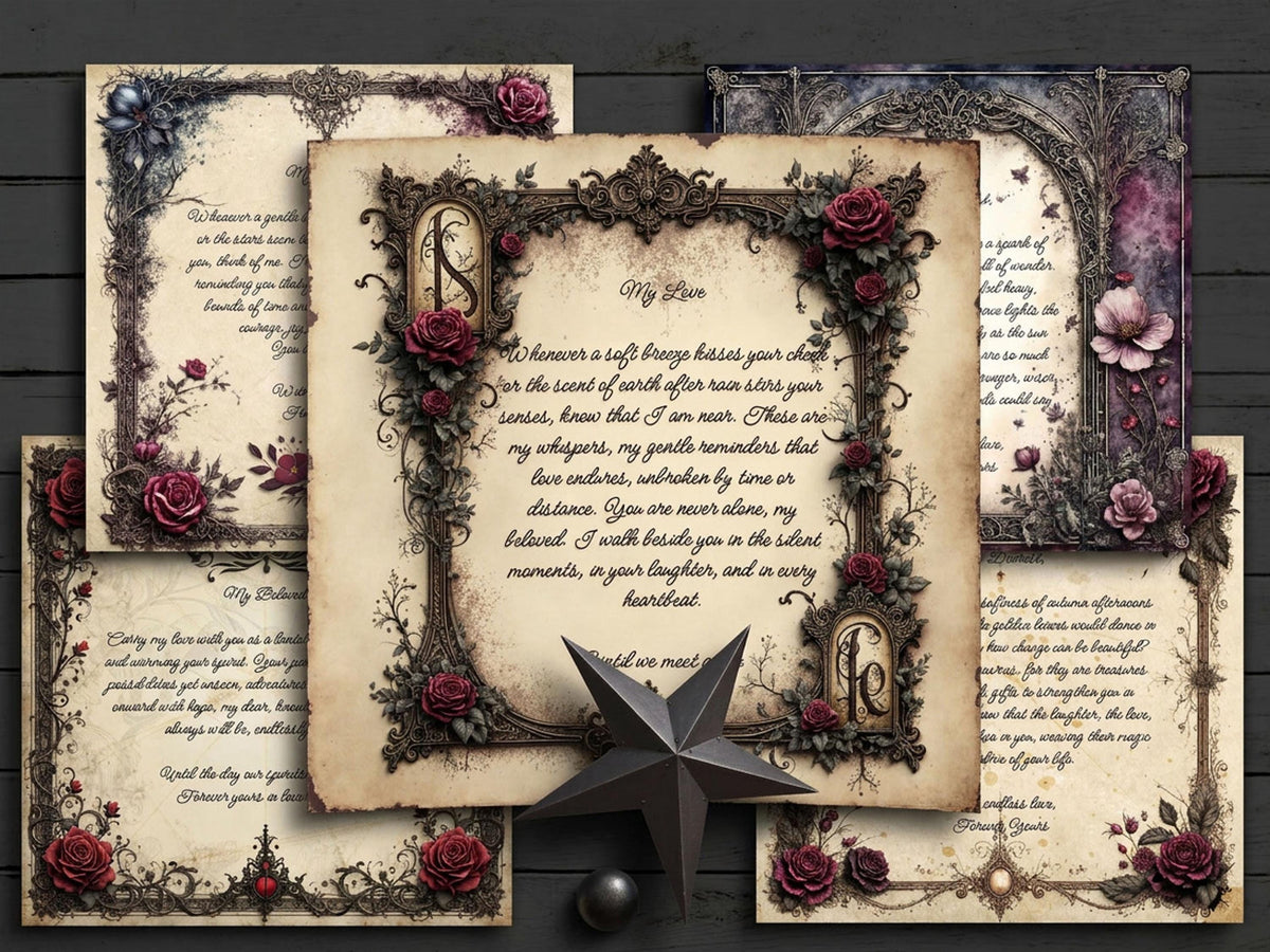 Decorative paper letters from the spirit world with floral designs and text on a wooden surface