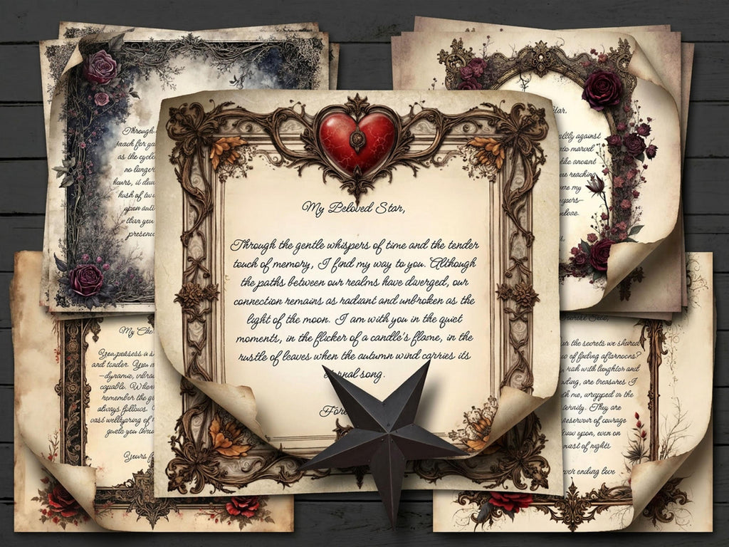 Decorative paper letters from the spirit world with floral designs and text on a wooden surface