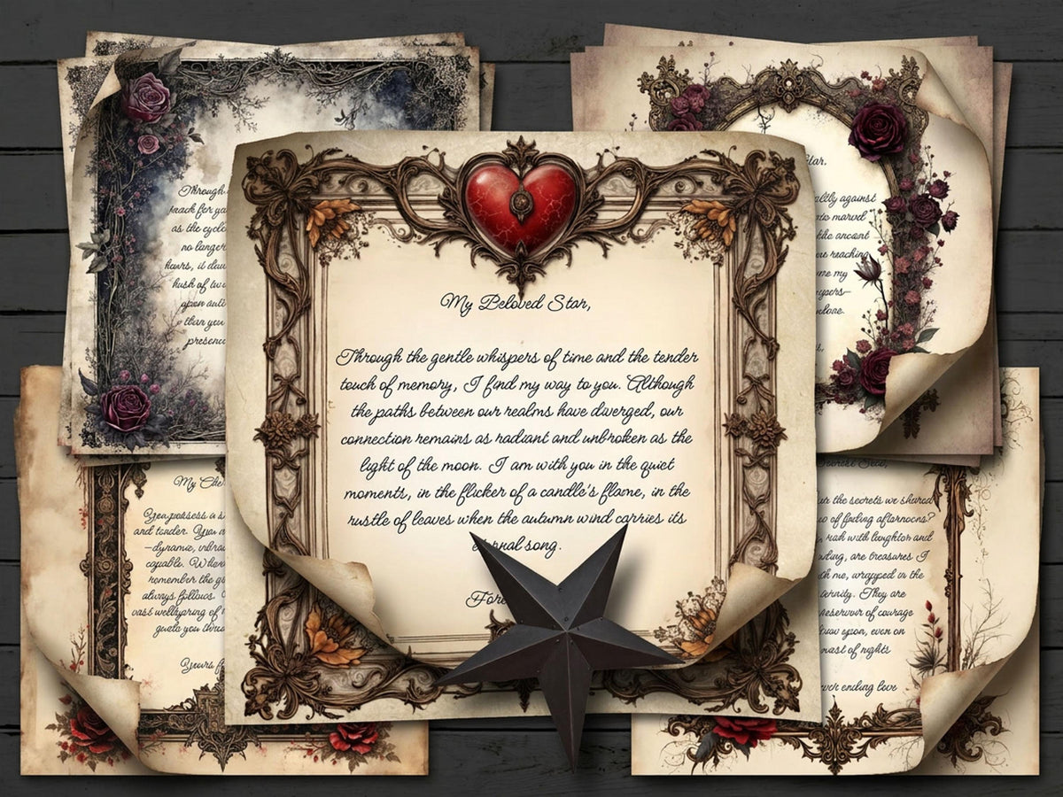 Decorative paper letters from the spirit world with floral designs and text on a wooden surface