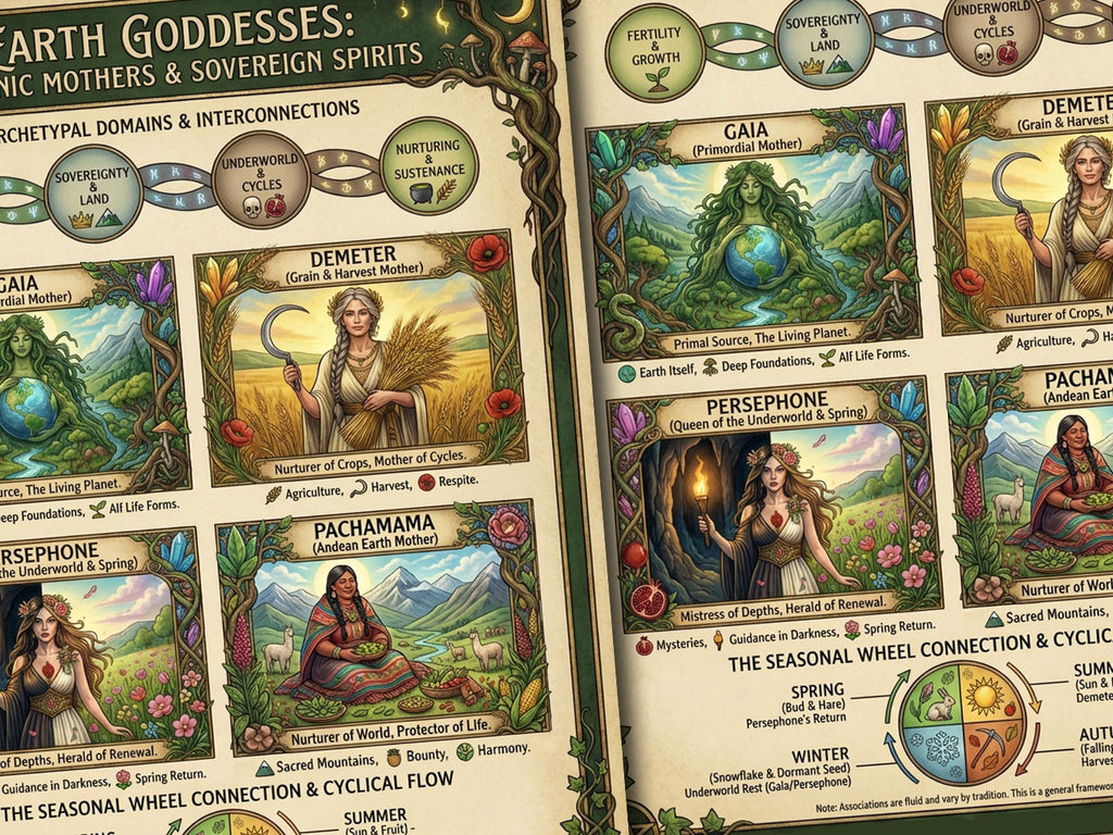 Closeup view of Earth Goddesses with illustrations and text on a green background