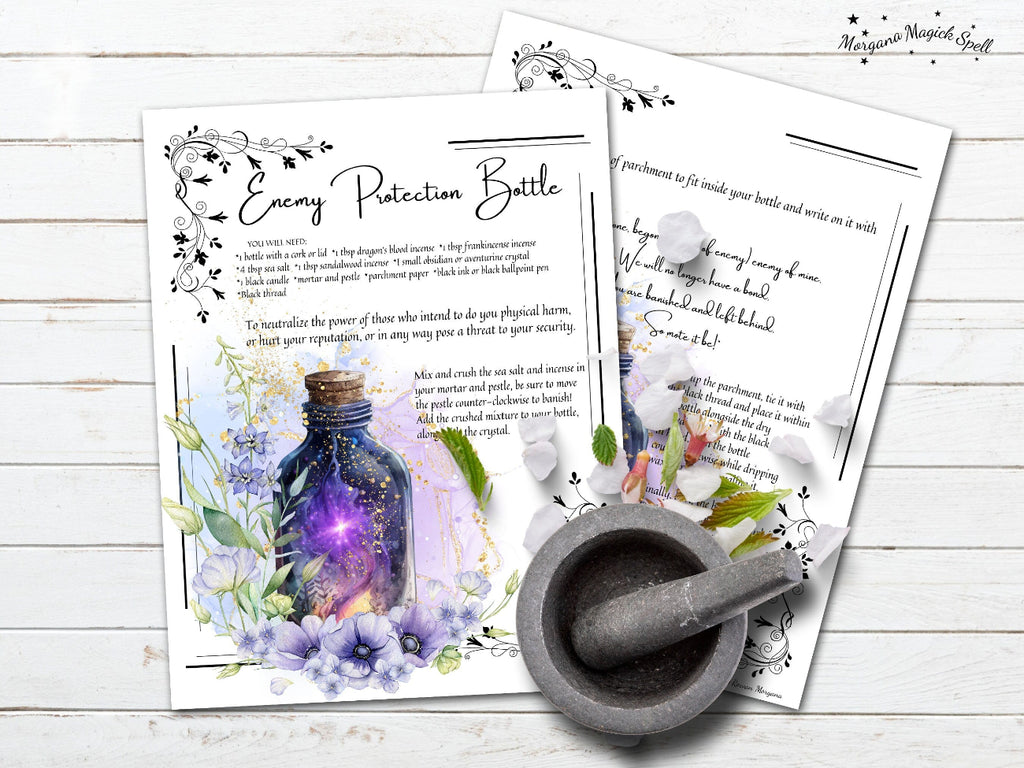 Two printed pages with a protective witch bottle recipe and text on a wooden surface.