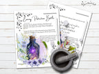 Two printed pages with a protective witch bottle recipe and text on a wooden surface.