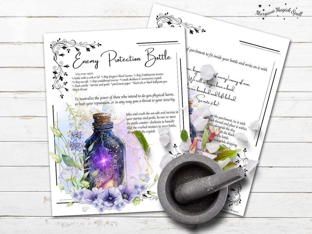 Two printed pages with a protective witch bottle recipe and text on a wooden surface.