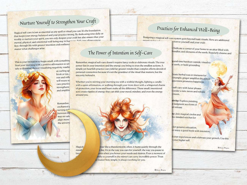 Three printed pages on enhanced well-being, with illustrations of a woman and text on a wooden surface.
