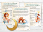 Three printed pages on enhanced well-being, with illustrations of a woman and text on a wooden surface.