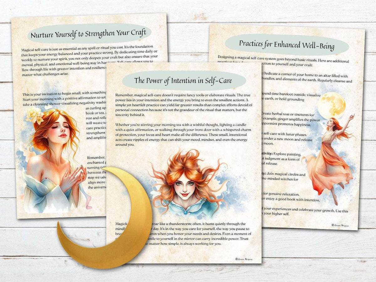 Three printed pages on enhanced well-being, with illustrations of a woman and text on a wooden surface.