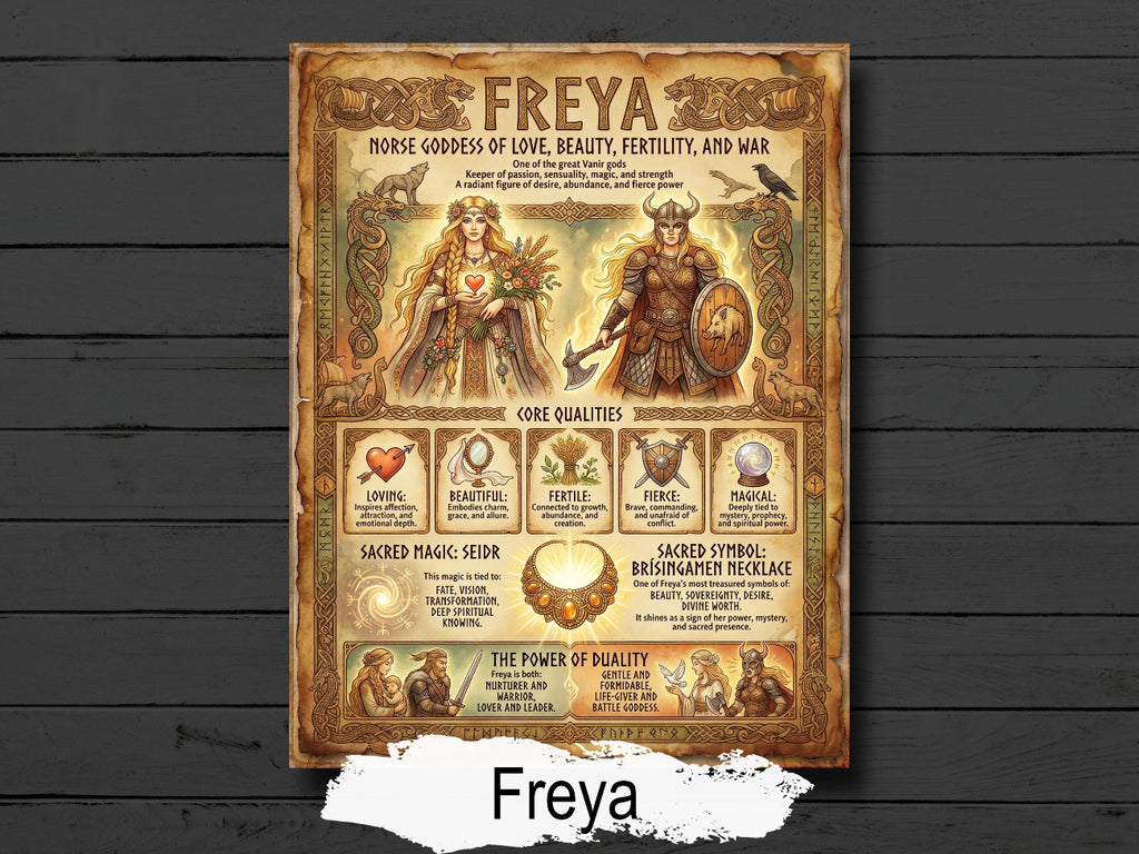 Freya Infographic: Norse Mythology, Viking Gods Printable Book of Shadows page
