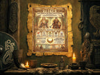 Vintage-style poster of Freya in a rustic setting with candles and Viking-themed decor.
