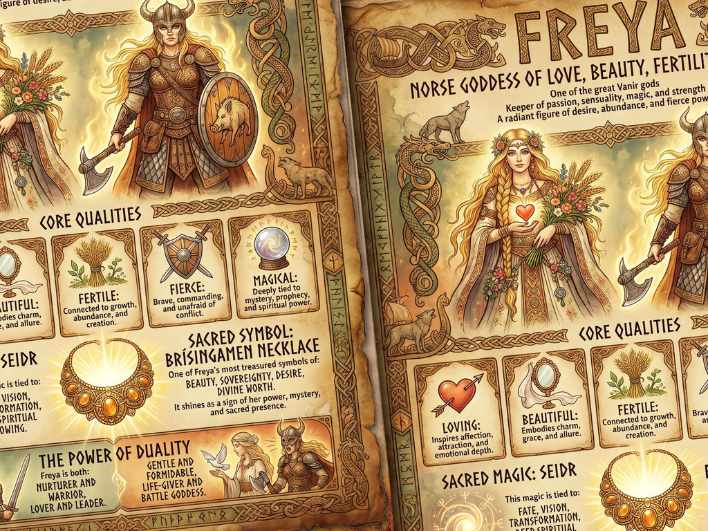 Closeup view featuring Freya, Norse goddess of love, beauty, and fertility, with detailed artwork and text.