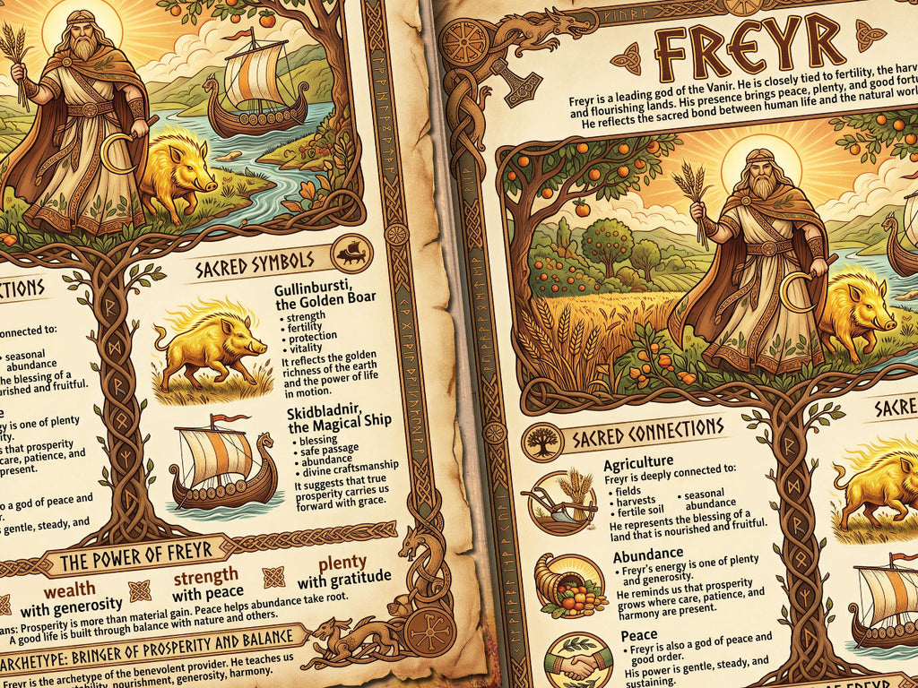 Closeup view of the Illustrated page about Freyr, a Norse god, with detailed artwork and text.