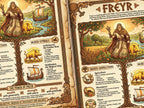 Closeup view of the Illustrated page about Freyr, a Norse god, with detailed artwork and text.