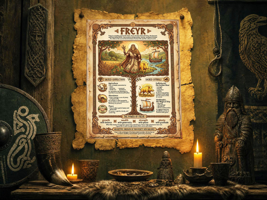 Decorative parchment poster titled 'Freyr' on a rustic wall with Viking-themed decor.
