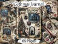 Gothic-themed journal cover and interior page collage with vintage illustrations, text overlays reading 'Gothmas Journal' and '65 Pages', showing haunted house scenes, a Christmas tree, cloaks, roses, and aged paper textures.
