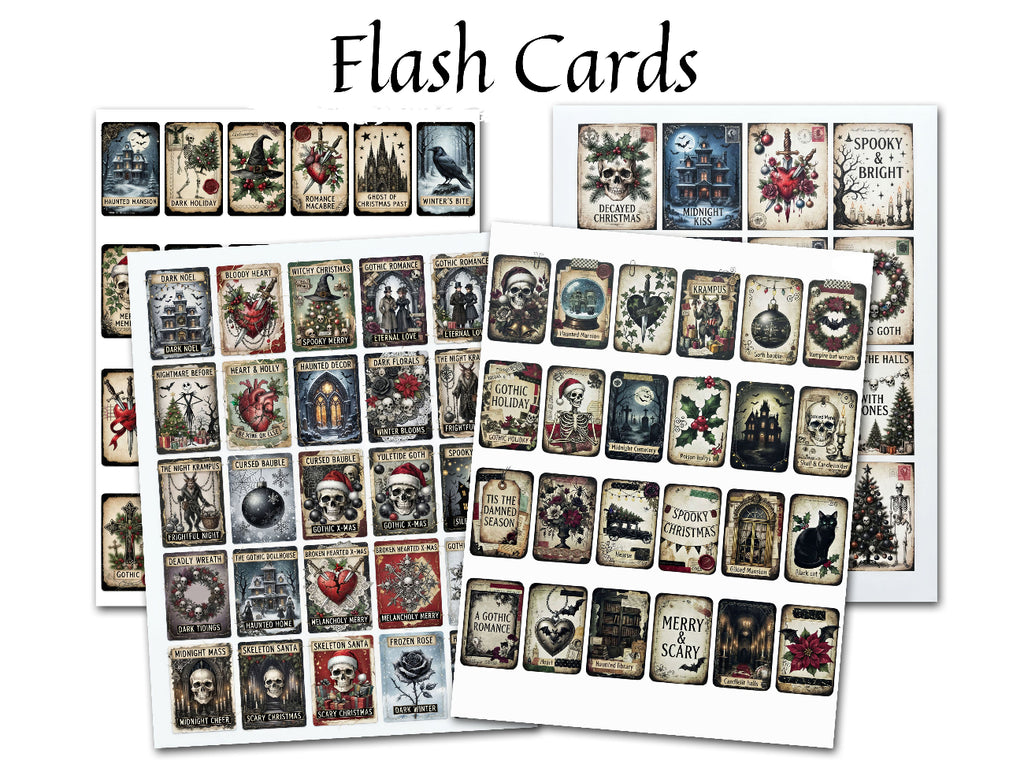 Three sheets of Halloween-themed flash cards fanned out against a white background, with the text 'Flash Cards' written at the top. The cards feature spooky illustrations such as skulls, ghosts, witches, pumpkins, and haunted houses in muted red, black, and beige tones.