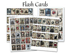 Three sheets of Halloween-themed flash cards fanned out against a white background, with the text 'Flash Cards' written at the top. The cards feature spooky illustrations such as skulls, ghosts, witches, pumpkins, and haunted houses in muted red, black, and beige tones.