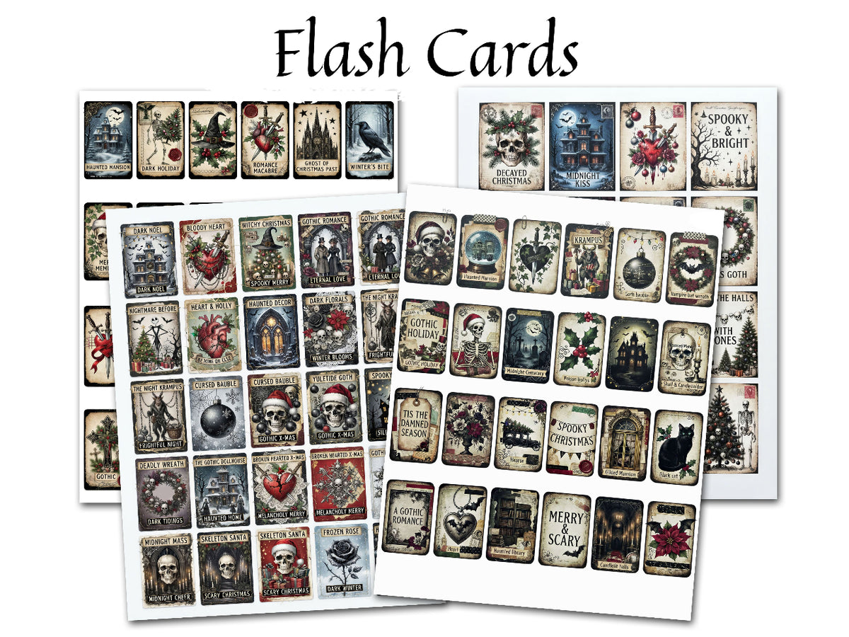 Three sheets of Halloween-themed flash cards fanned out against a white background, with the text 'Flash Cards' written at the top. The cards feature spooky illustrations such as skulls, ghosts, witches, pumpkins, and haunted houses in muted red, black, and beige tones.
