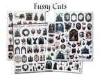 Three sheets of gothic-themed sticker designs titled 'Fussy Cuts' with various Halloween and Christmas motifs like haunted houses, skeletons, crowns, and wreaths on a white background.