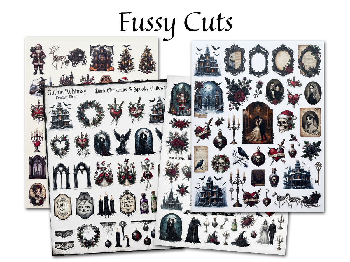 Three sheets of gothic-themed sticker designs titled 'Fussy Cuts' with various Halloween and Christmas motifs like haunted houses, skeletons, crowns, and wreaths on a white background.