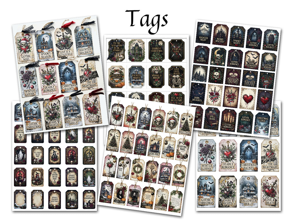 A collage of multiple sheets of decorative hanging tags with gothmas illustrations, including skulls, ghosts, dark gothic scenes, and distressed text, with the word 'Tags' at the top on a white background.