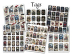 A collage of multiple sheets of decorative hanging tags with gothmas illustrations, including skulls, ghosts, dark gothic scenes, and distressed text, with the word 'Tags' at the top on a white background.