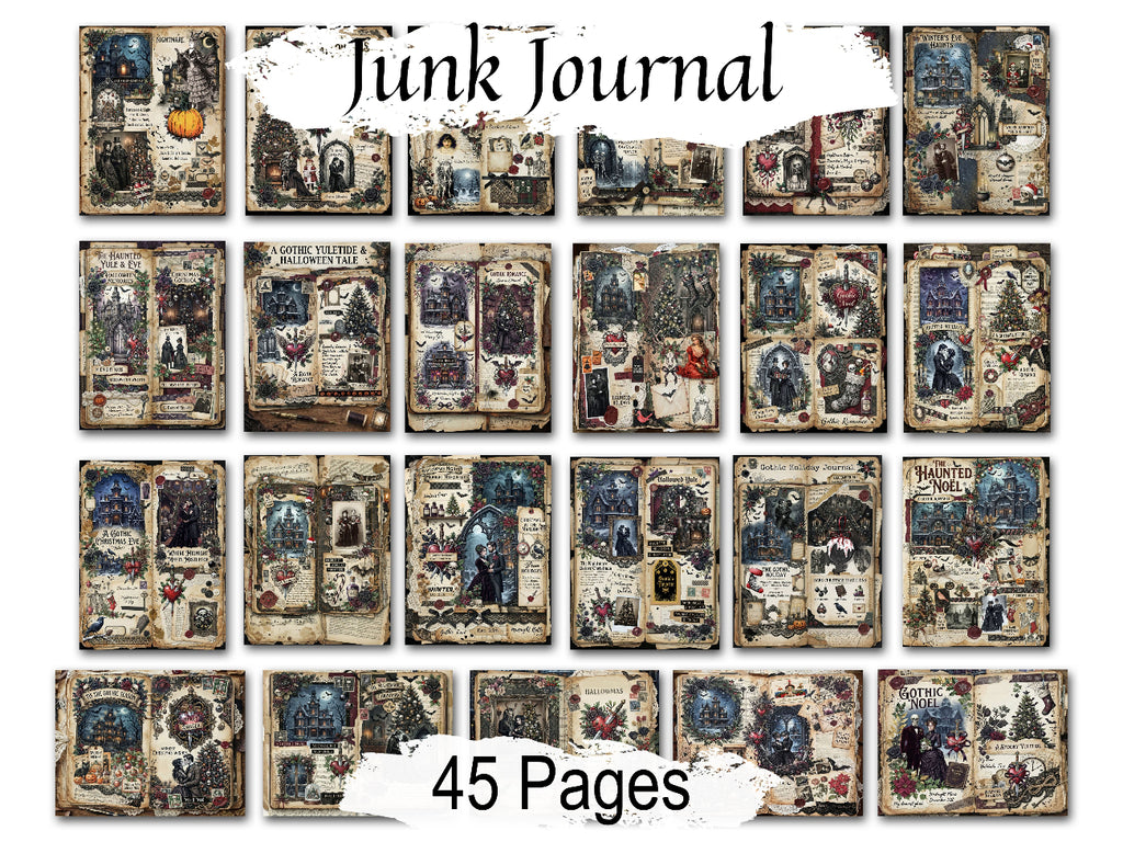 A collage showing many vintage-style Gothmas junk journal pages arranged in a grid on a white background, with the text 'Junk Journal' at the top and '45 Pages' at the bottom.