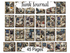 A collage showing many vintage-style Gothmas junk journal pages arranged in a grid on a white background, with the text 'Junk Journal' at the top and '45 Pages' at the bottom.