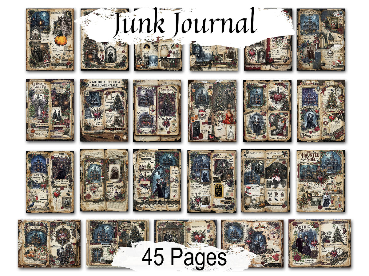 A collage showing many vintage-style Gothmas junk journal pages arranged in a grid on a white background, with the text 'Junk Journal' at the top and '45 Pages' at the bottom.