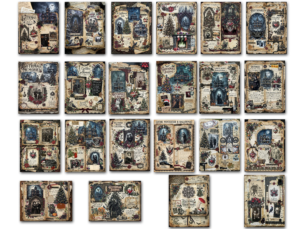 A collage showing many vintage-style Gothmas junk journal pages arranged in a grid on a white background, with the text 'Junk Journal' at the top and '45 Pages' at the bottom.