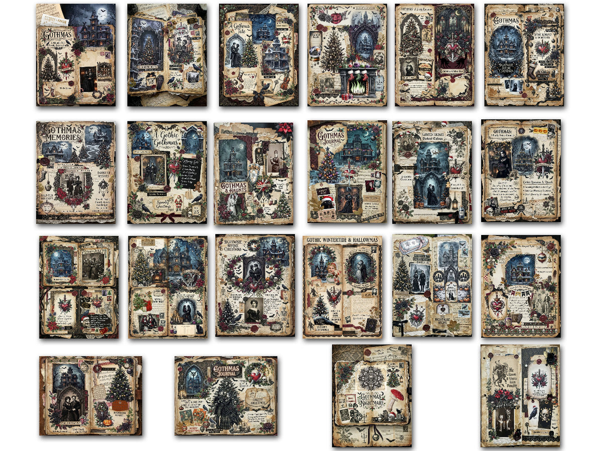 A collage showing many vintage-style Gothmas junk journal pages arranged in a grid on a white background, with the text 'Junk Journal' at the top and '45 Pages' at the bottom.