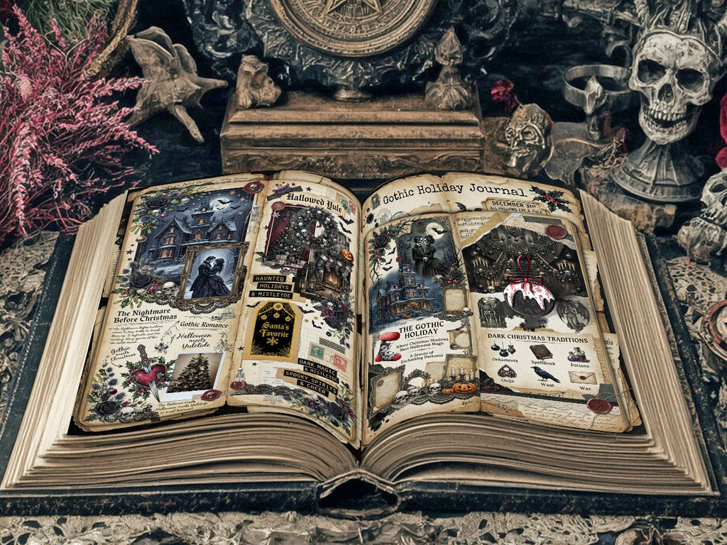 An open gothic-style journal or book with illustrated vintage pages, surrounded by dark decorative objects including a skull, dried pink flowers, and ornate figurines on a textured surface.