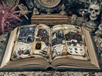 An open gothic-style journal or book with illustrated vintage pages, surrounded by dark decorative objects including a skull, dried pink flowers, and ornate figurines on a textured surface.