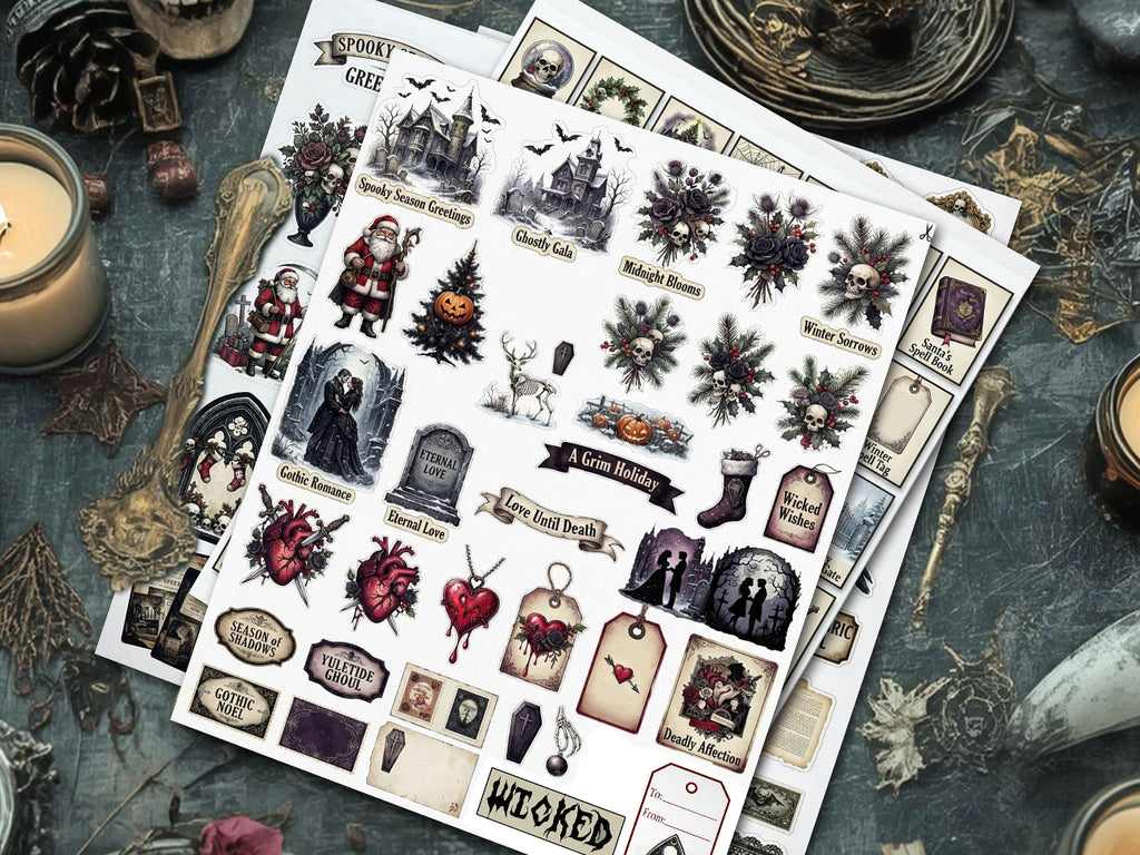 Four sheets of gothic-themed stickers arranged on a dark, rustic tabletop with candles, dried flowers, and vintage props. The stickers feature illustrations of a haunted castle, Santa Claus, a skeleton, anatomical hearts, tombstones, and spooky floral designs in black, white, and muted red and orange tones.