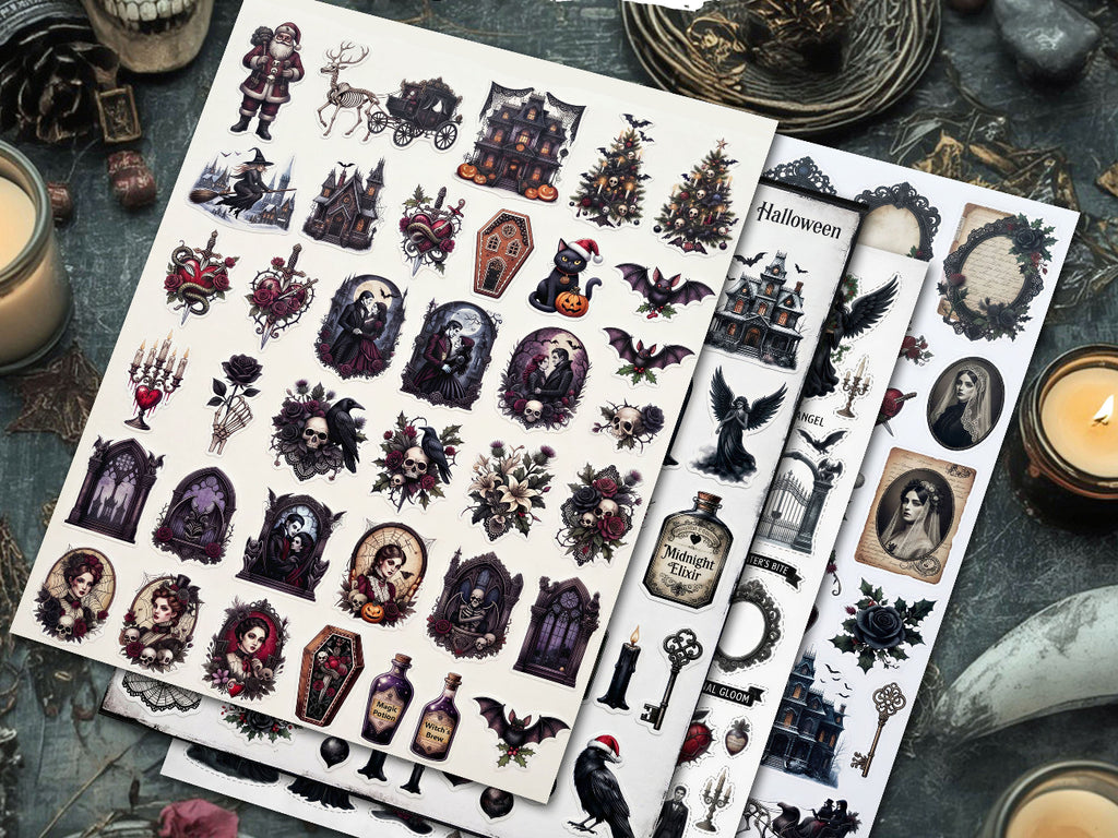 Two sheets of Halloween-themed fussy cut displayed on a dark, gothic tabletop with candles, a skull, and other spooky props. The designs include caskets, bats, haunted houses, bottles, keys, and portraits in a dark, vintage aesthetic.