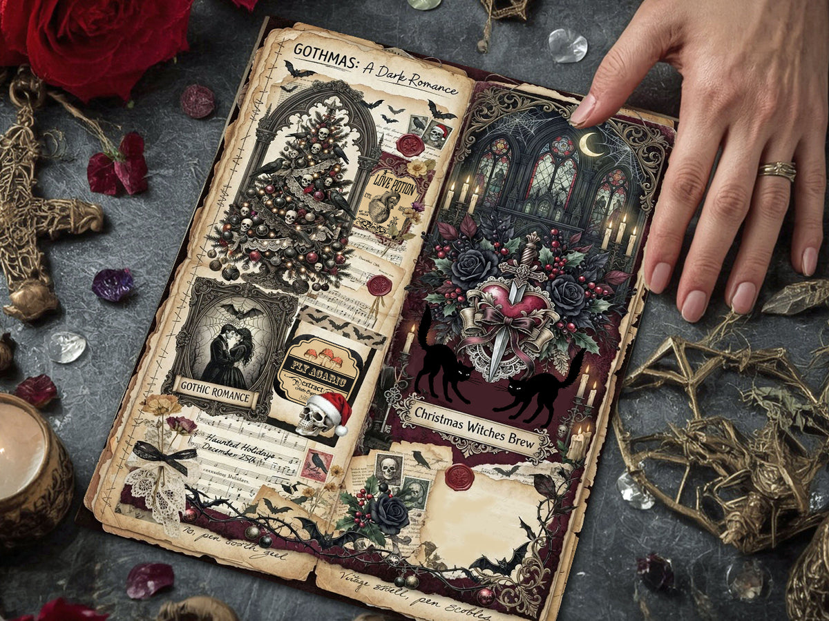 An open vintage-style gothic book or album spread laid on a dark textured surface, with a person's hand resting on the right page. The pages feature intricate illustrations of gothic architecture, roses, bats, skulls, and decorative text, including the title 'Gothmas: A Dark Romance' and 'Christmas Witches Brew.