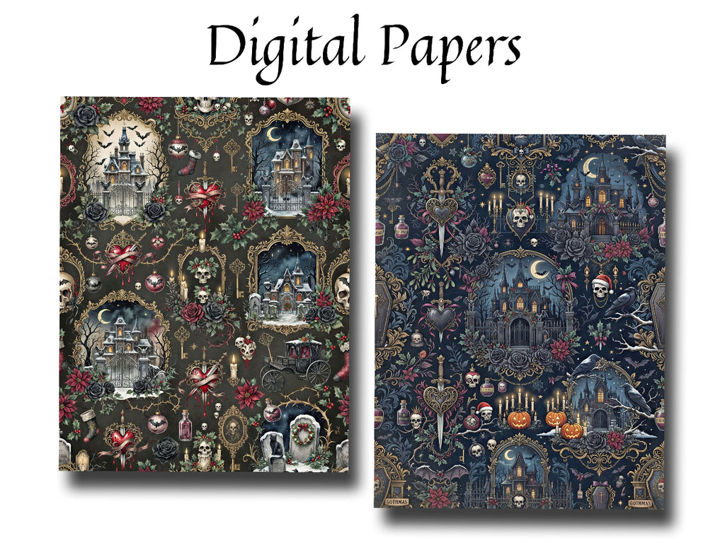 Two gothic-themed digital paper designs displayed side by side under the heading 'Digital Papers' on a white background. The left design has a dark green background with gold, red, and white gothic motifs, and the right design has a dark navy blue background with similar gothic motifs.