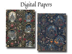 Two gothic-themed digital paper designs displayed side by side under the heading 'Digital Papers' on a white background. The left design has a dark green background with gold, red, and white gothic motifs, and the right design has a dark navy blue background with similar gothic motifs.